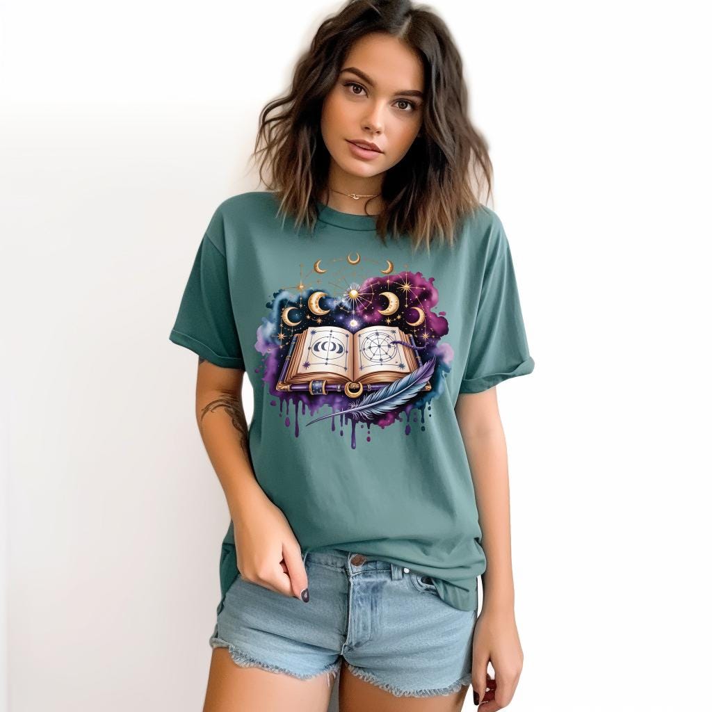 Celestial Spellbook Shirt | Moon Phase Astrology Tee | Mystic Witchy Art T-Shirt | Fantasy Magic Graphic Top