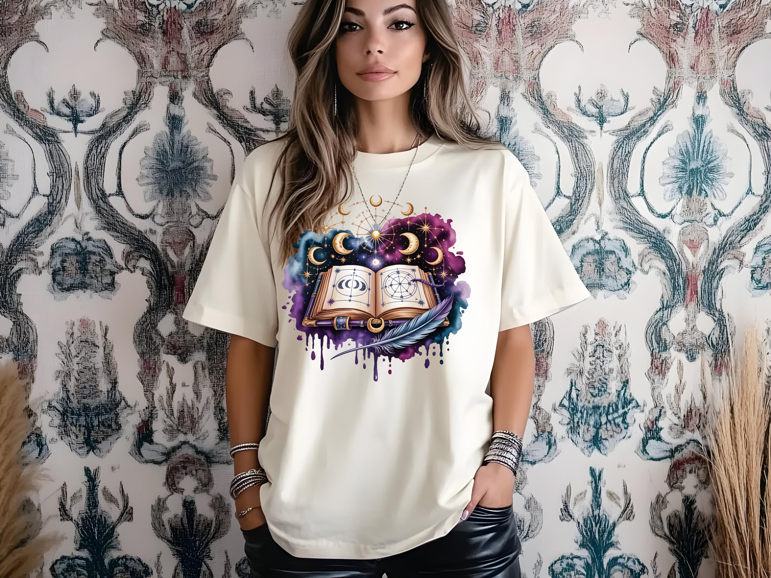 Celestial Spellbook Shirt | Moon Phase Astrology Tee | Mystic Witchy Art T-Shirt | Fantasy Magic Graphic Top