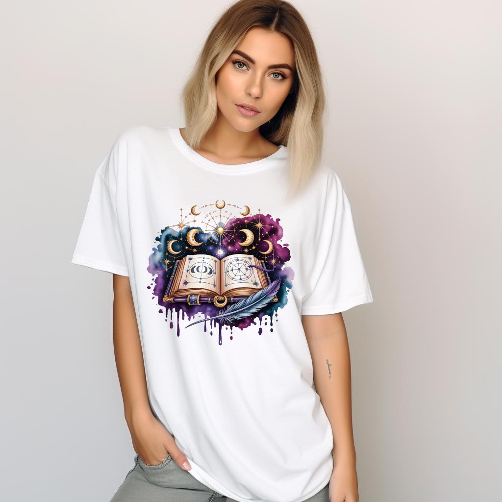 Celestial Spellbook Shirt | Moon Phase Astrology Tee | Mystic Witchy Art T-Shirt | Fantasy Magic Graphic Top