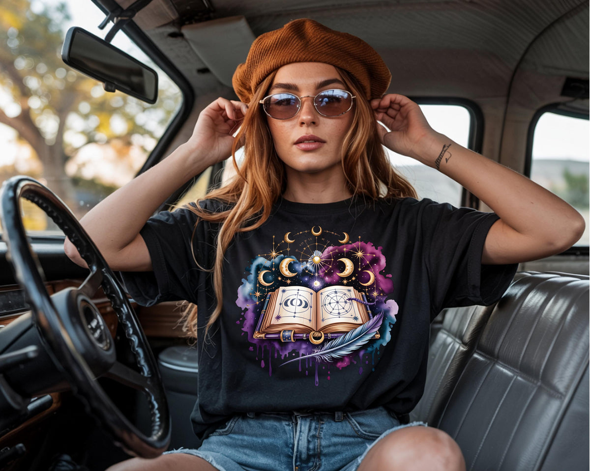 Celestial Spellbook Shirt | Moon Phase Astrology Tee | Mystic Witchy Art T-Shirt | Fantasy Magic Graphic Top