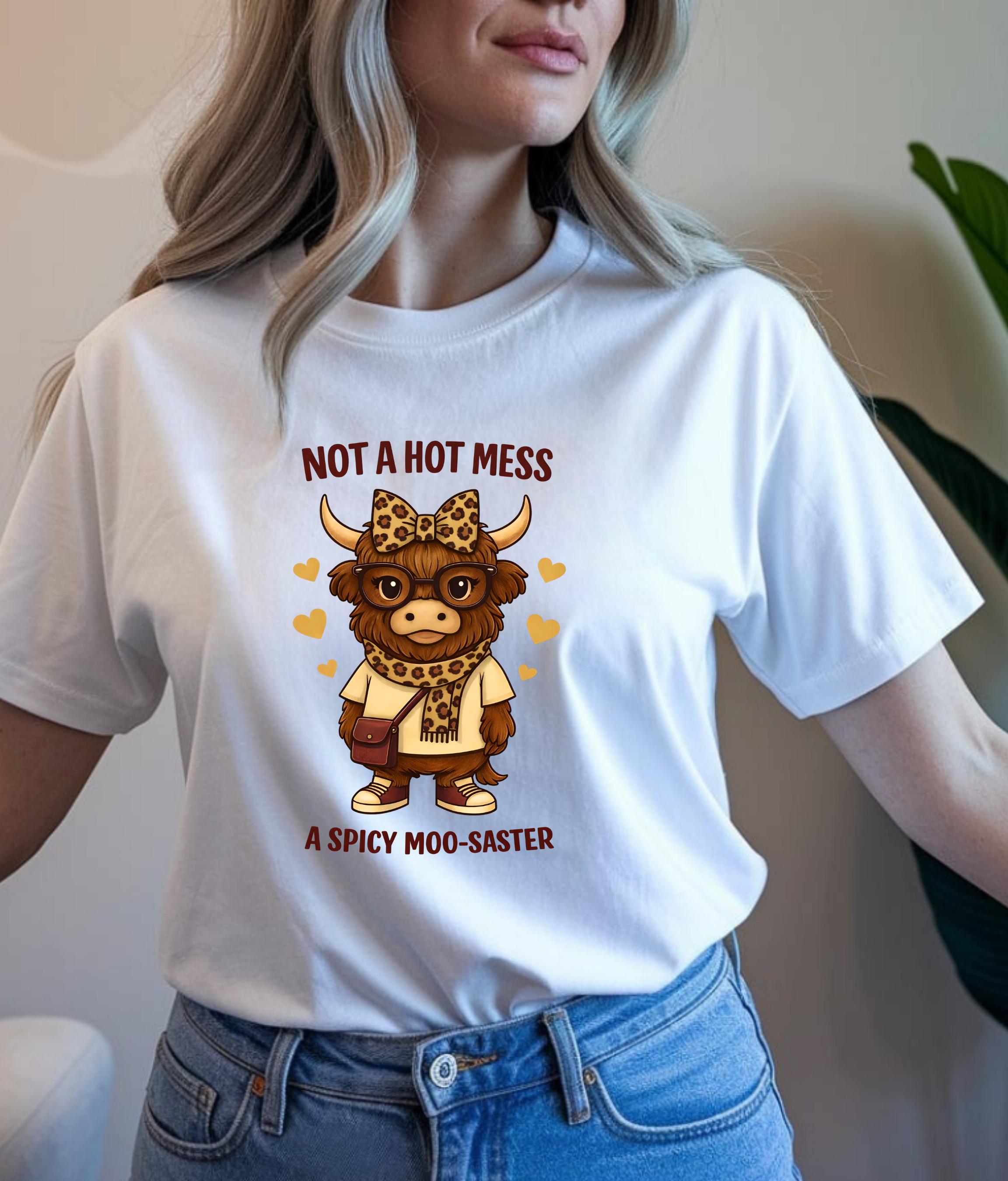 Not a Hot Mess Shirt | Spicy Moo-saster Cow T-Shirt | Funny Valentine Tee | Cute Moody Cow Shirt | Sassy Graphic Tee Gift