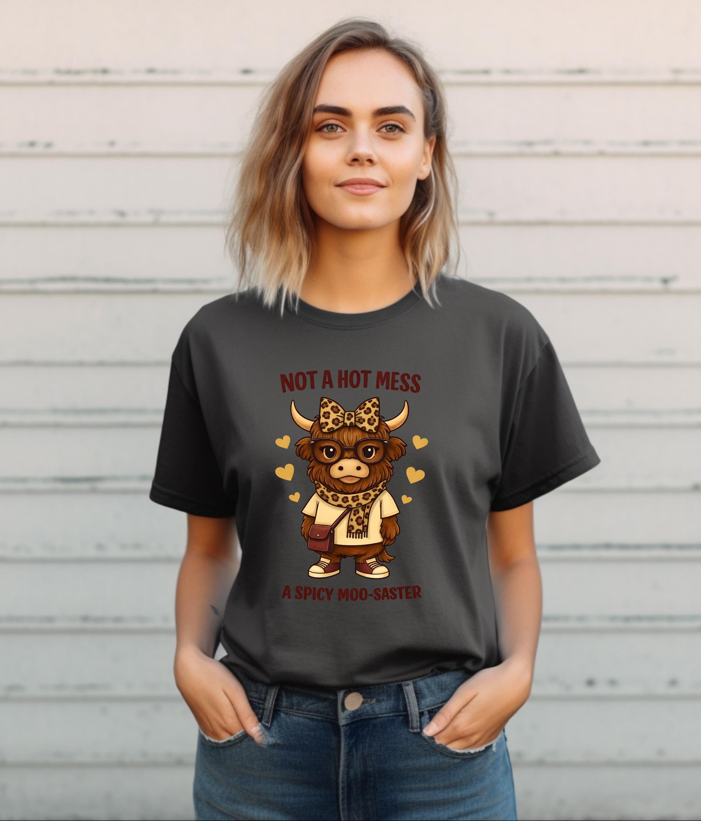 Not a Hot Mess Shirt | Spicy Moo-saster Cow T-Shirt | Funny Valentine Tee | Cute Moody Cow Shirt | Sassy Graphic Tee Gift