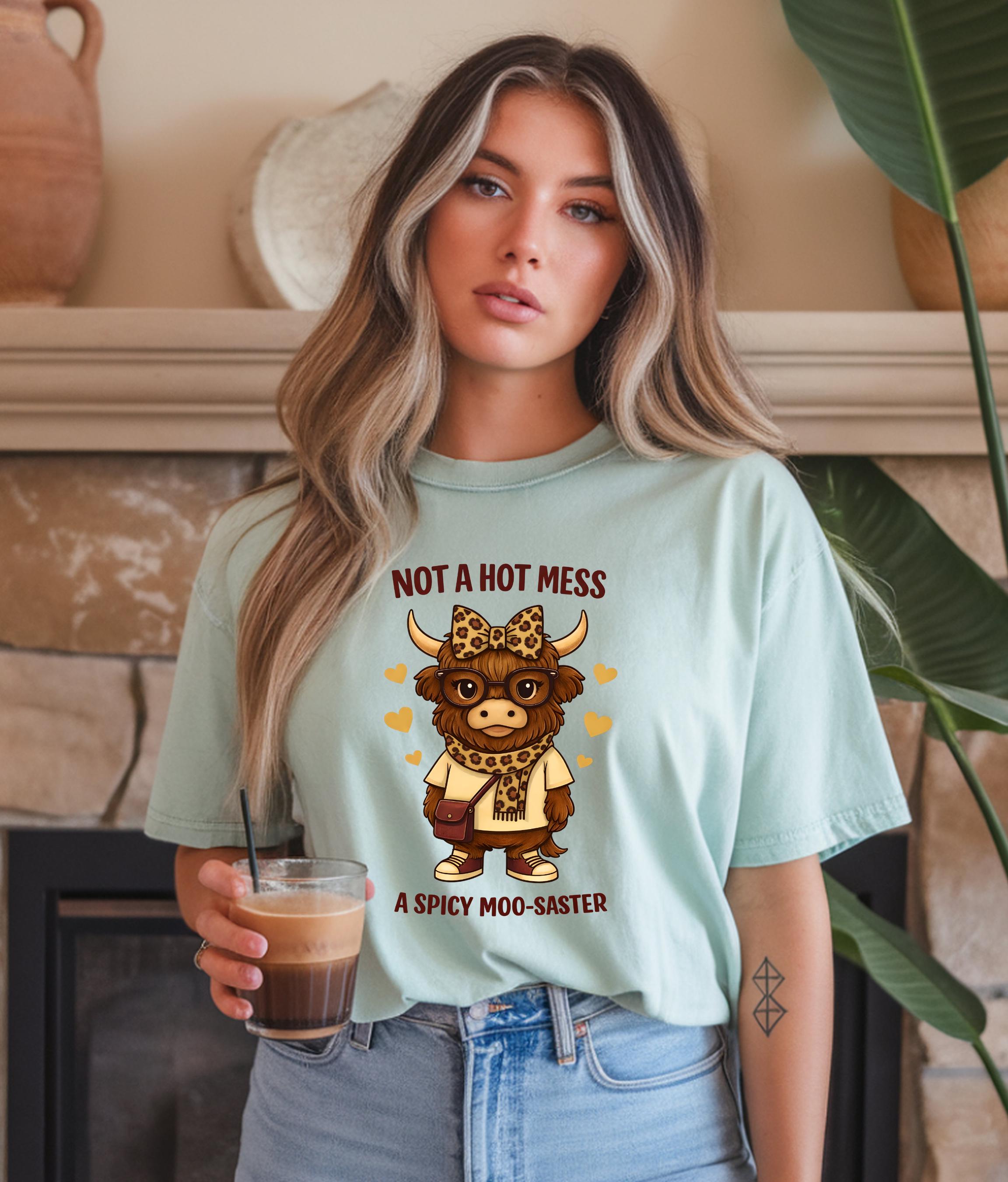 Not a Hot Mess Shirt | Spicy Moo-saster Cow T-Shirt | Funny Valentine Tee | Cute Moody Cow Shirt | Sassy Graphic Tee Gift