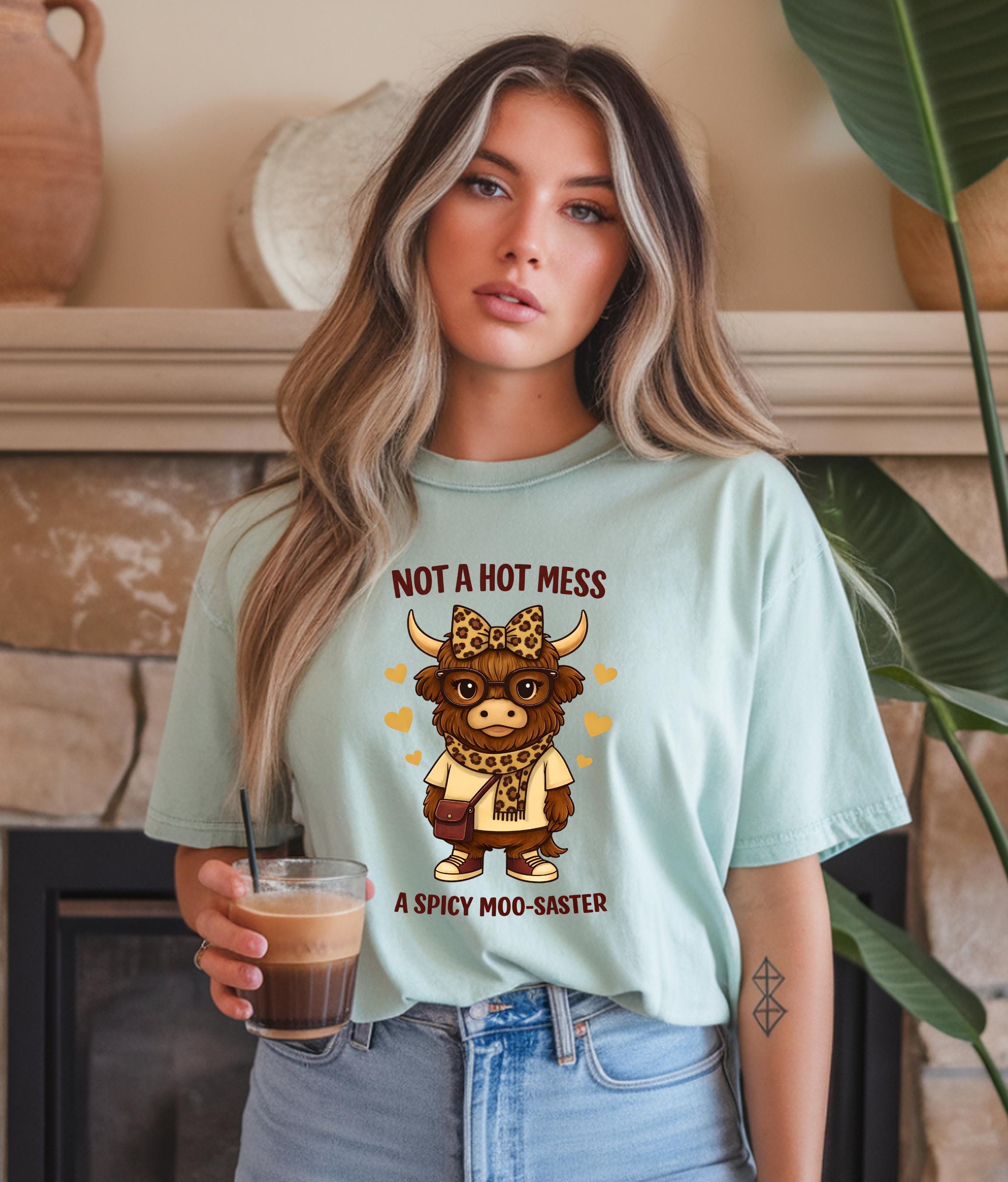 Not a Hot Mess Shirt | Spicy Moo-saster Cow T-Shirt | Funny Valentine Tee | Cute Moody Cow Shirt | Sassy Graphic Tee Gift