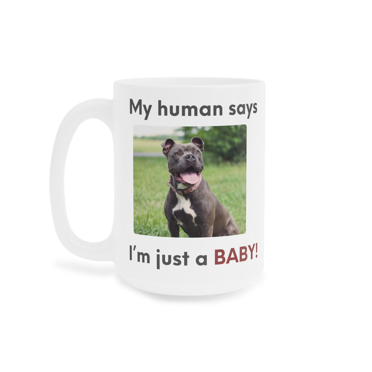 My human says Im just a BABY! Mug | Cute Pit Bull Photo Coffee Cup | Funny Dog Dad Coffee Mug | Pet Parent Gift | Ceramic Mug 11oz 15oz 20oz