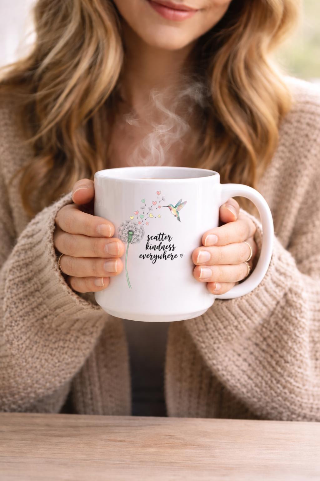 Scatter Kindness Everywhere Mug, Hummingbird Floral Coffee Cup, Inspirational Ceramic Mug 11oz 15oz