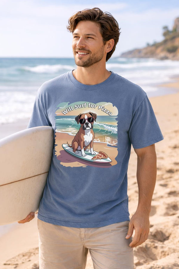 Will Surf for Pizza Shirt, Funny Beach Dog Graphic Tee, Summer Vacation T-Shirt