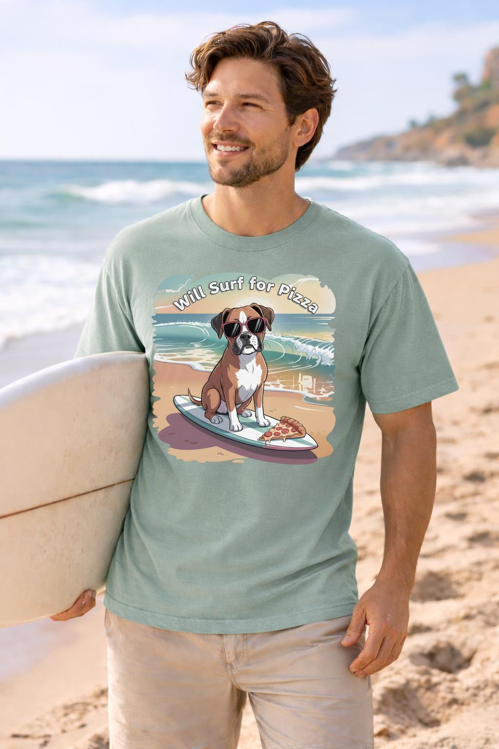 Will Surf for Pizza Shirt, Funny Beach Dog Graphic Tee, Summer Vacation T-Shirt