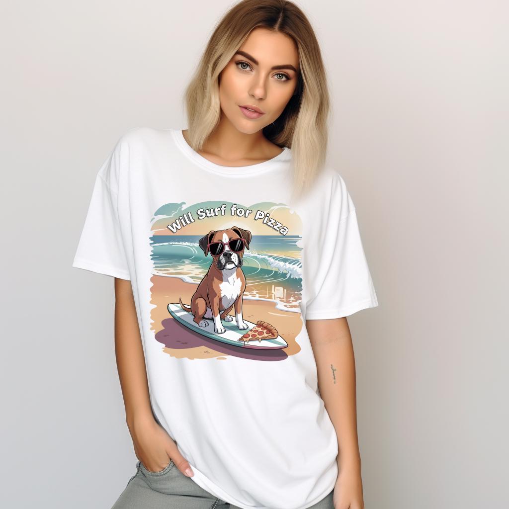 Will Surf for Pizza Shirt, Funny Beach Dog Graphic Tee, Summer Vacation T-Shirt