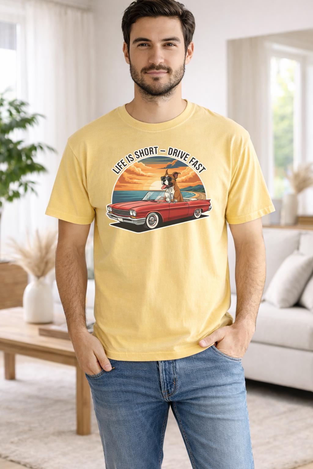 Life Is Short Drive Fast Shirt, Funny Dog Car Graphic Tee, Retro Sunset Comfort Colors 1717 T-Shirt