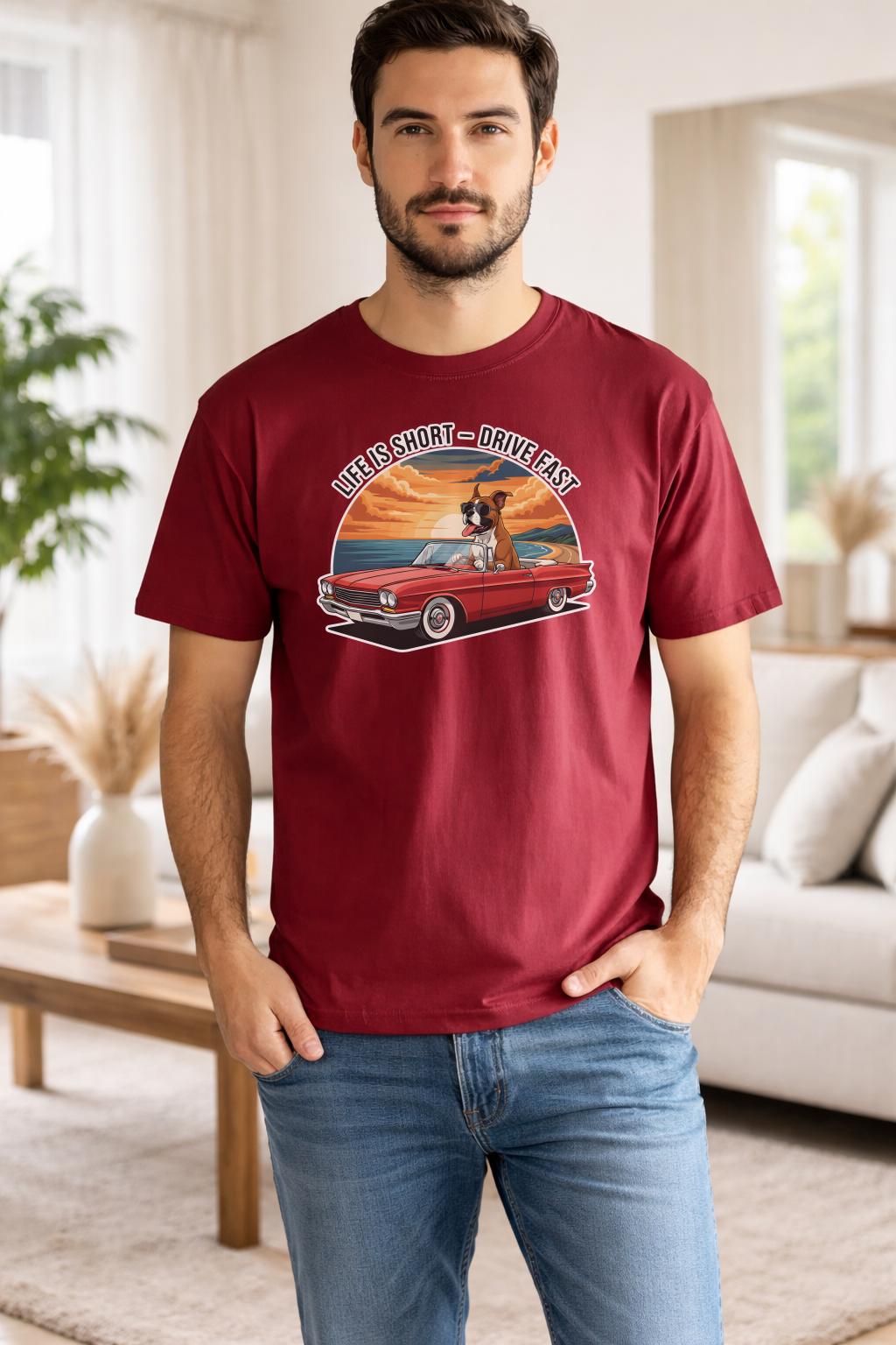 Life Is Short Drive Fast Shirt, Funny Dog Car Graphic Tee, Retro Sunset Comfort Colors 1717 T-Shirt