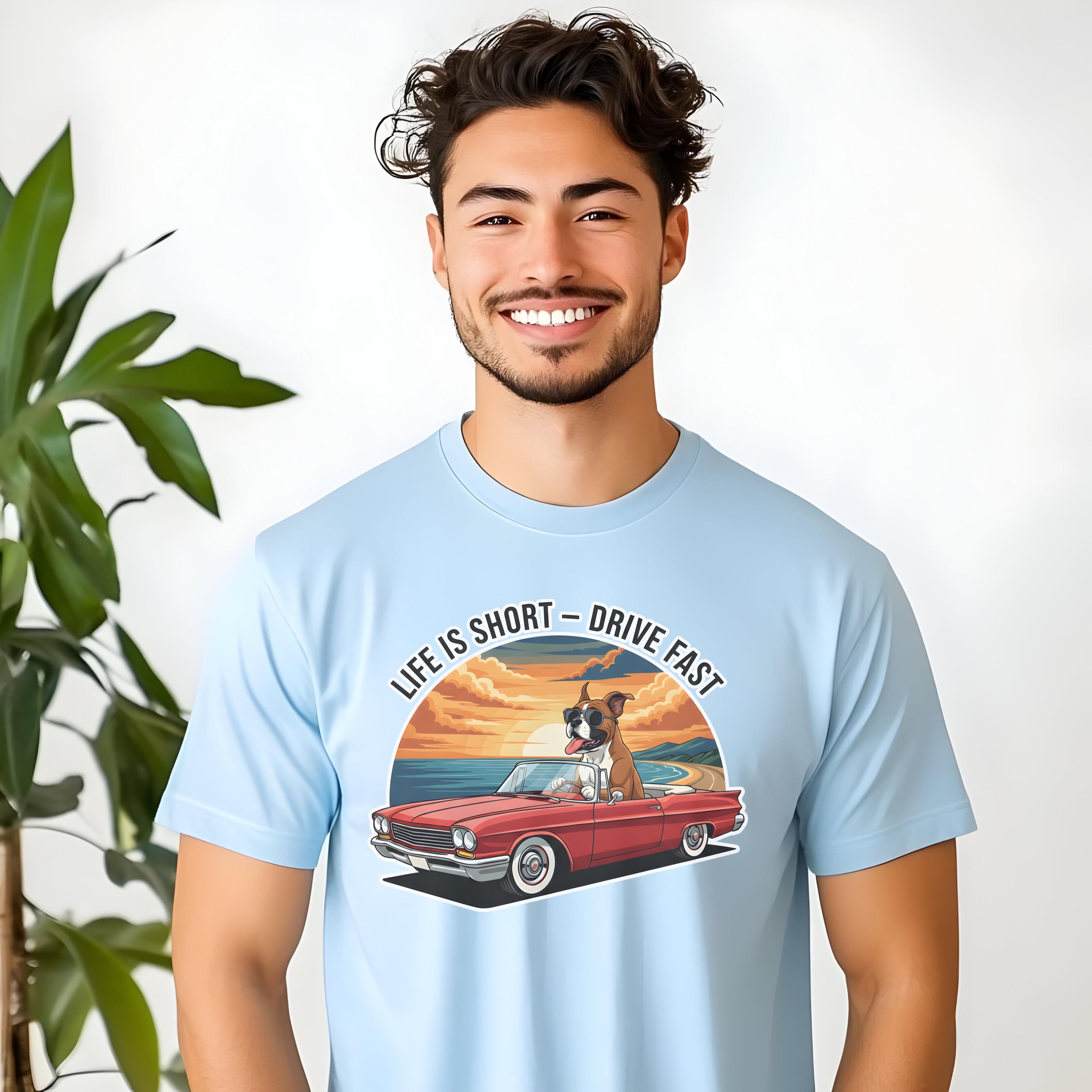 Life Is Short Drive Fast Shirt, Funny Dog Car Graphic Tee, Retro Sunset Comfort Colors 1717 T-Shirt