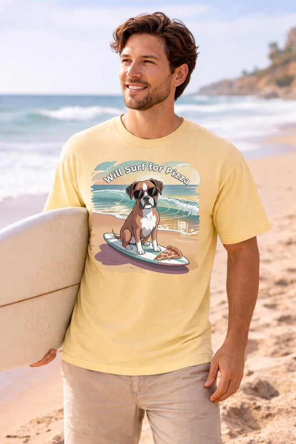Will Surf for Pizza Shirt, Funny Beach Dog Graphic Tee, Summer Vacation T-Shirt