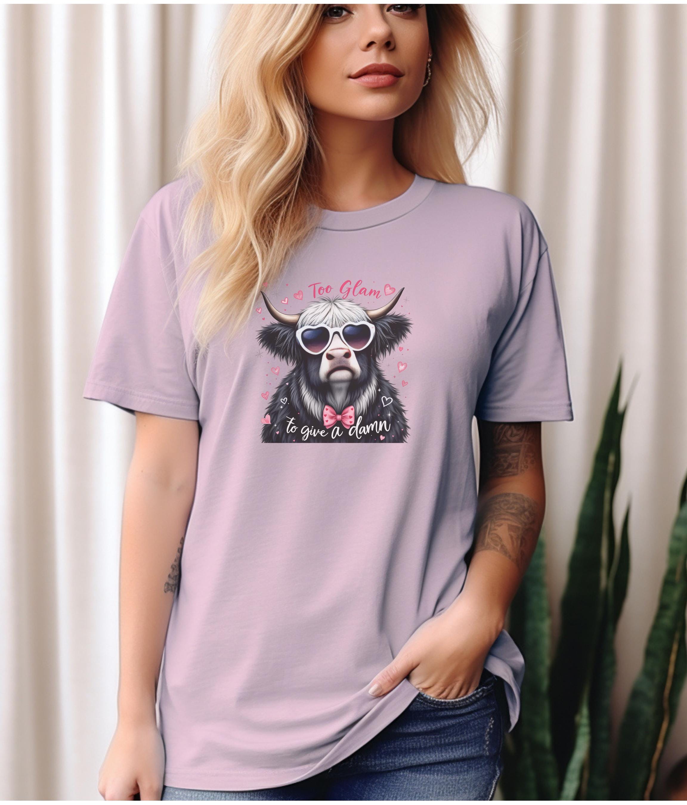 Custom Animal Graphic Tee, Funny Cow Shirt, Highland Cow Lover Gift, Heart Sunglasses T-Shirt, Bow Tie Graphic Tee, Women's Casual Trendy To
