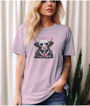 Custom Animal Graphic Tee, Funny Cow Shirt, Highland Cow Lover Gift, Heart Sunglasses T-Shirt, Bow Tie Graphic Tee, Women's Casual Trendy To