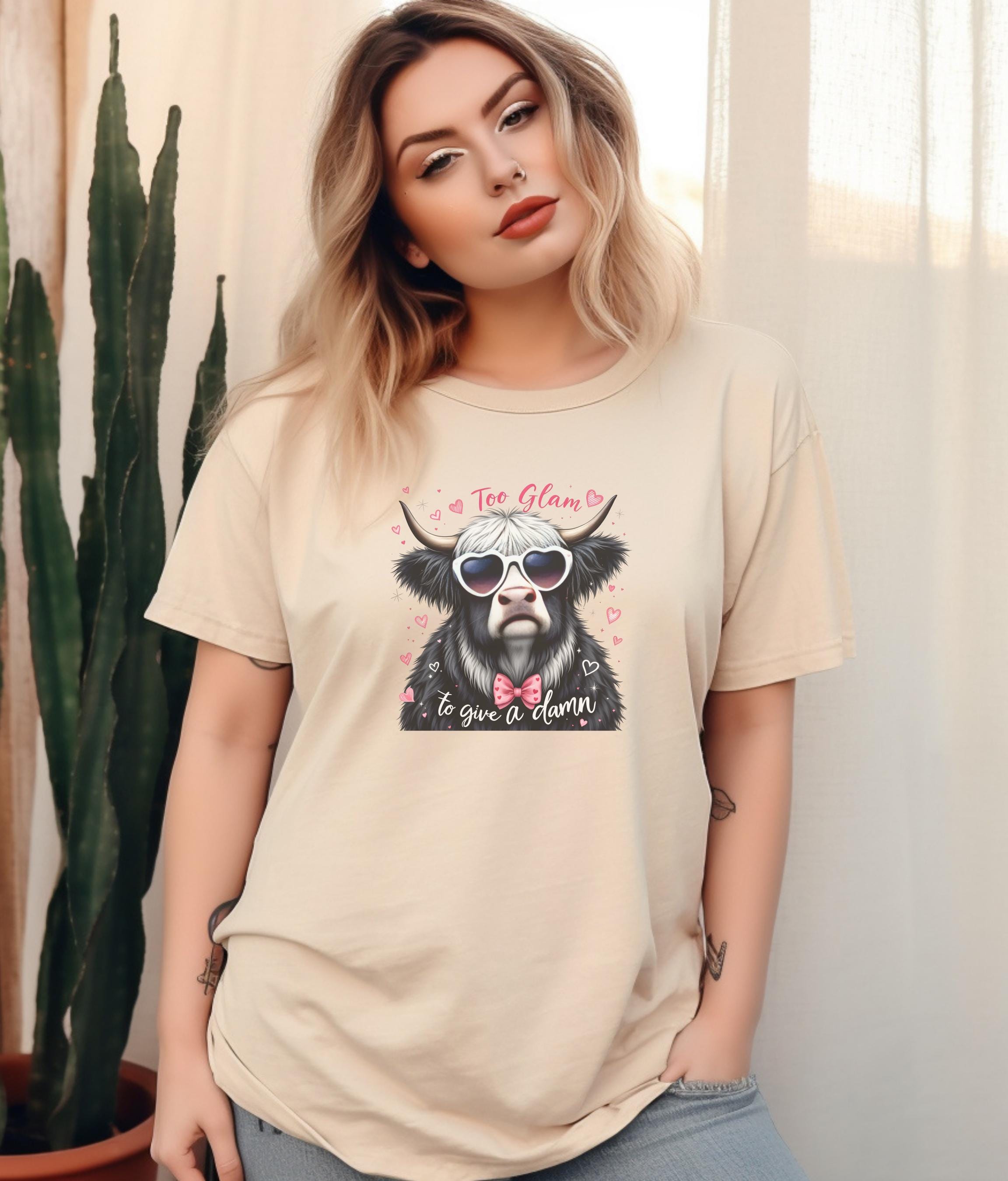 Custom Animal Graphic Tee, Funny Cow Shirt, Highland Cow Lover Gift, Heart Sunglasses T-Shirt, Bow Tie Graphic Tee, Women's Casual Trendy To