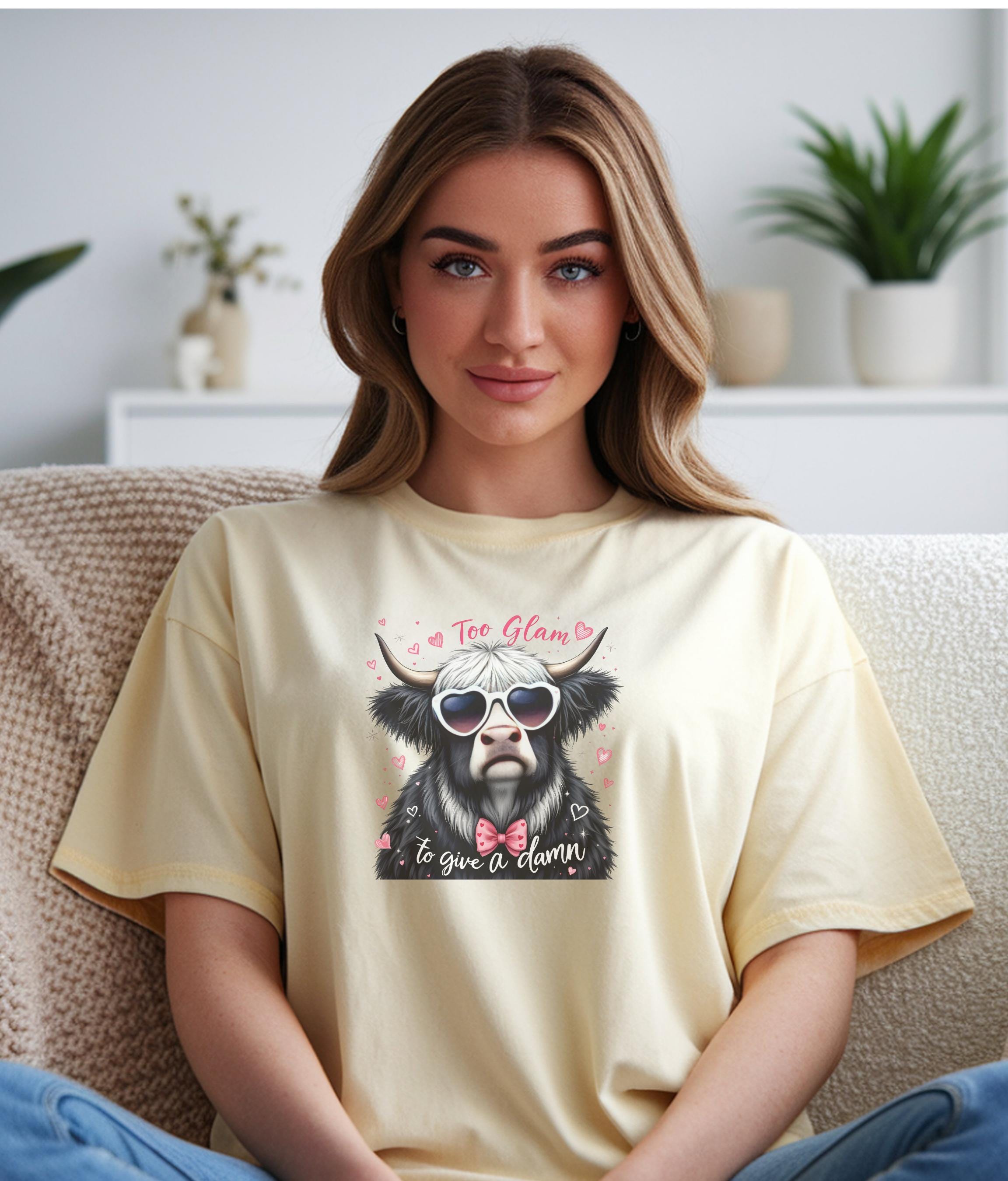 Custom Animal Graphic Tee, Funny Cow Shirt, Highland Cow Lover Gift, Heart Sunglasses T-Shirt, Bow Tie Graphic Tee, Women's Casual Trendy To