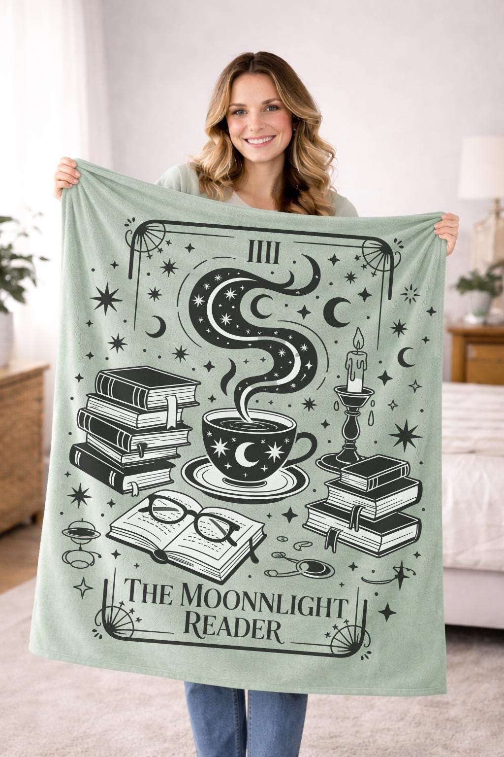 Cozy Book Lover Gift, Plush Reading Blanket, Celestial Design Throw, Astrology Bookish Gift, Soft Sage Green Velveteen Blanket, Cozy Reading