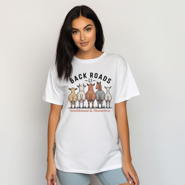 Back Roads Southbound & Shameless Shirt, Funny Farm Graphic Tee, Country Girl Western Barnyard T-Shirt