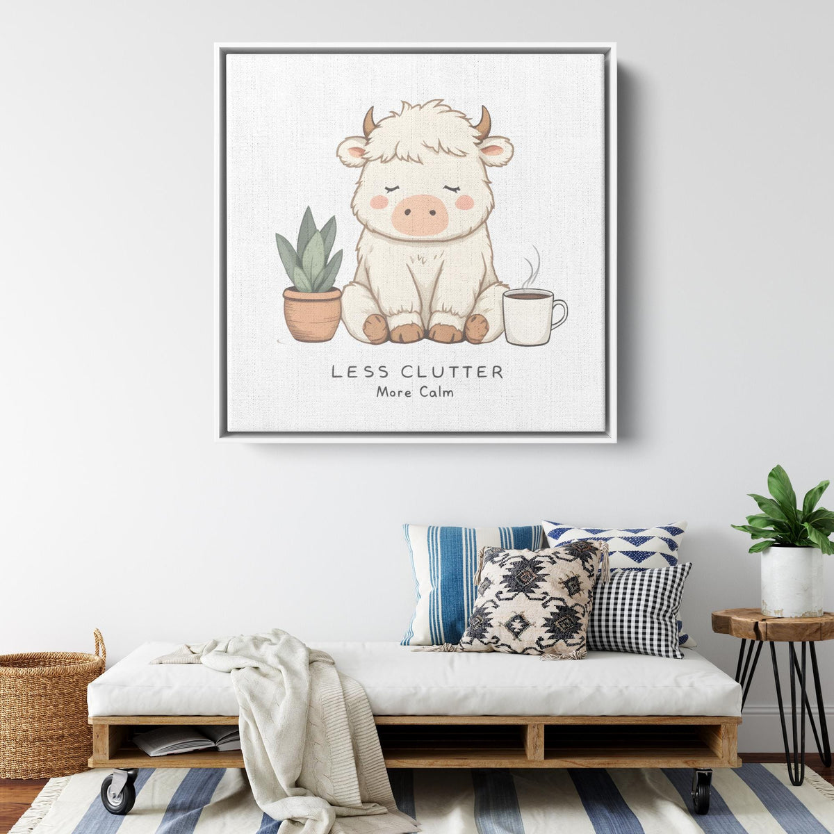 Cute Fluffy Highland Cow Canvas Art Print, Boho Nursery Decor, Zen Wall Art, Playful Kids Room Decor, Baby Shower Gift, Modern Home Decor