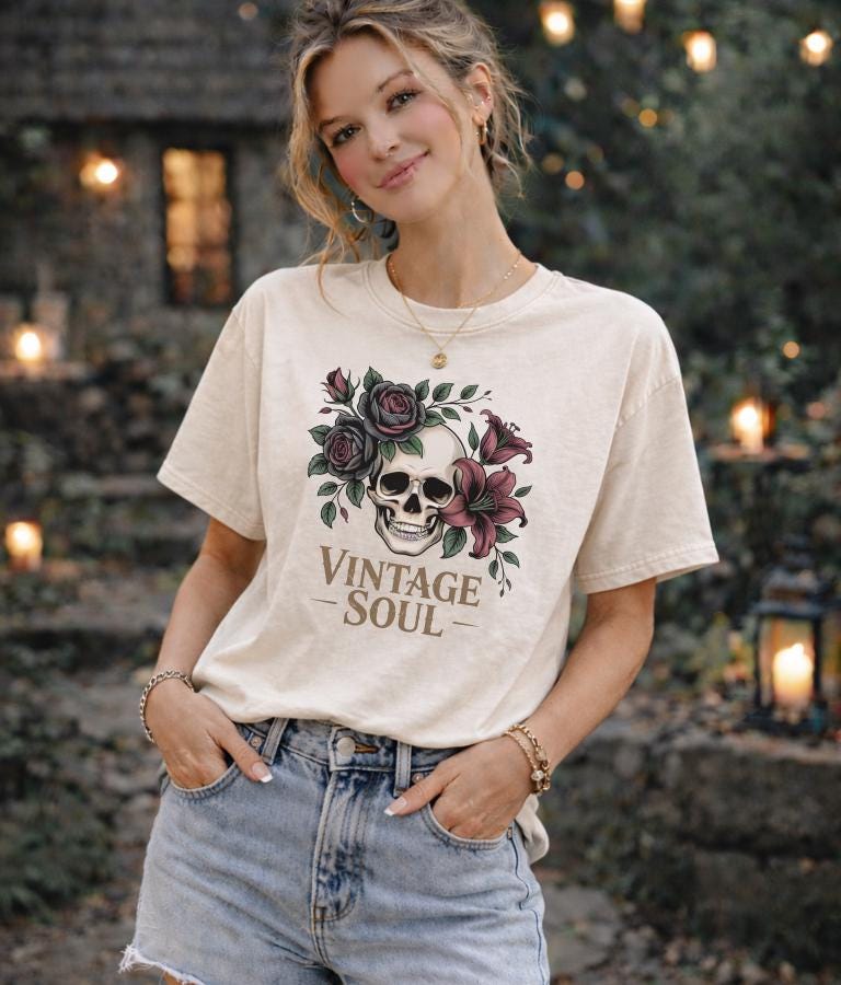 Vintage Soul Skull Shirt, Gothic Floral T-Shirt, Dark Cottagecore Aesthetic Tee, Moody Romantic Graphic Top