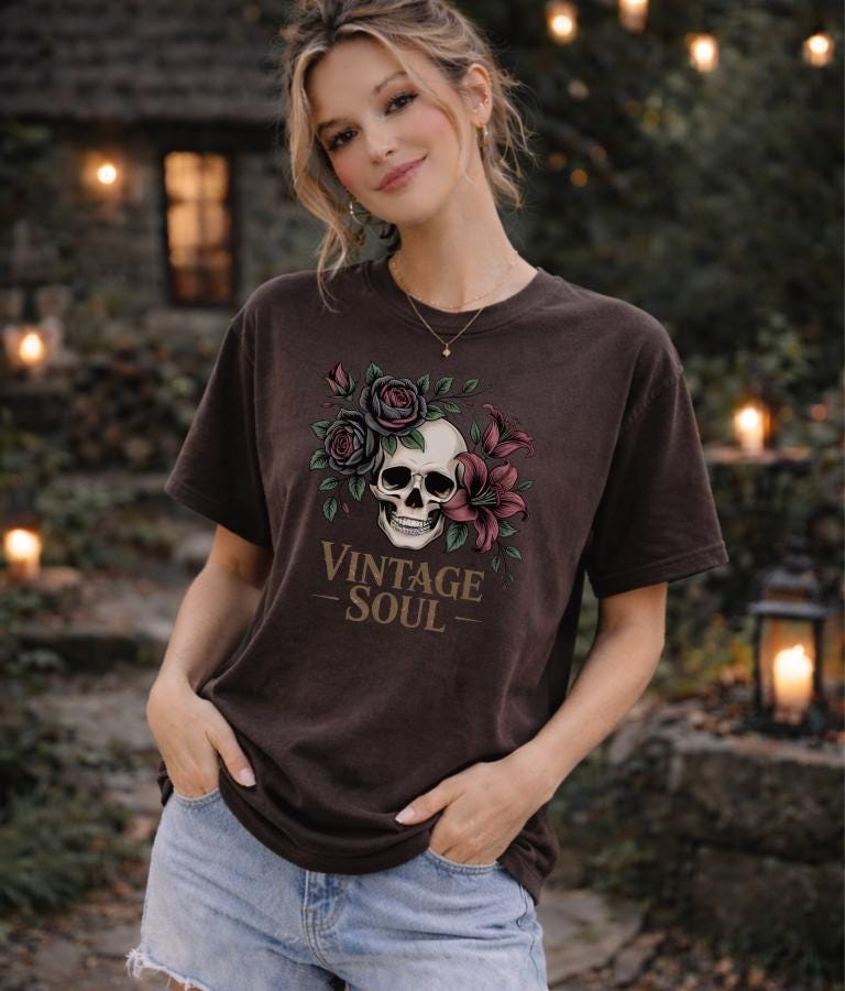 Vintage Soul Skull Shirt, Gothic Floral T-Shirt, Dark Cottagecore Aesthetic Tee, Moody Romantic Graphic Top
