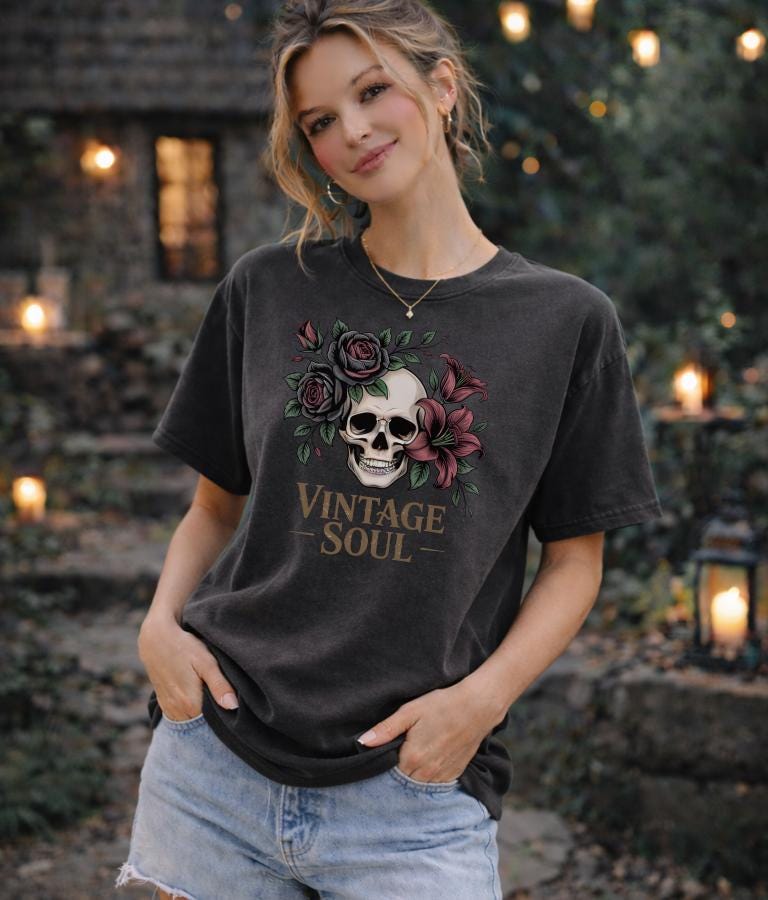 Vintage Soul Skull Shirt, Gothic Floral T-Shirt, Dark Cottagecore Aesthetic Tee, Moody Romantic Graphic Top