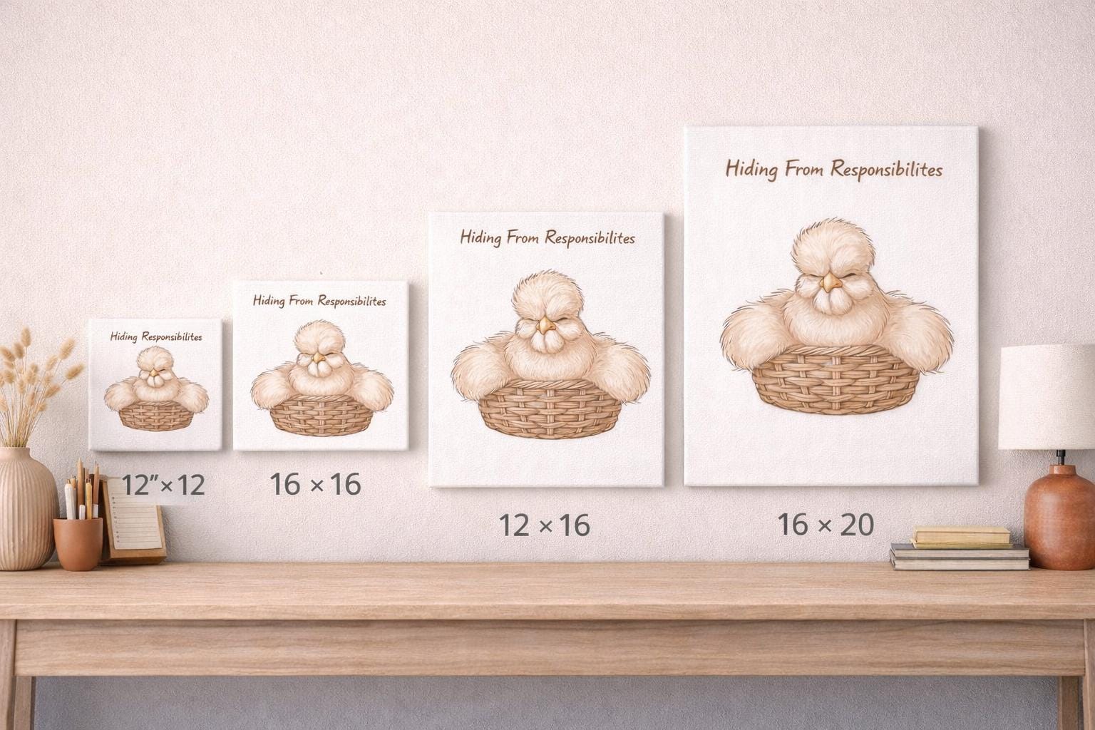 Hiding From Responsibilities Canvas Wall Art | Funny Chicken Art Print | Cute Farm Humor Decor | Cozy Cottage Wall Art Matte Canvas, Stretch