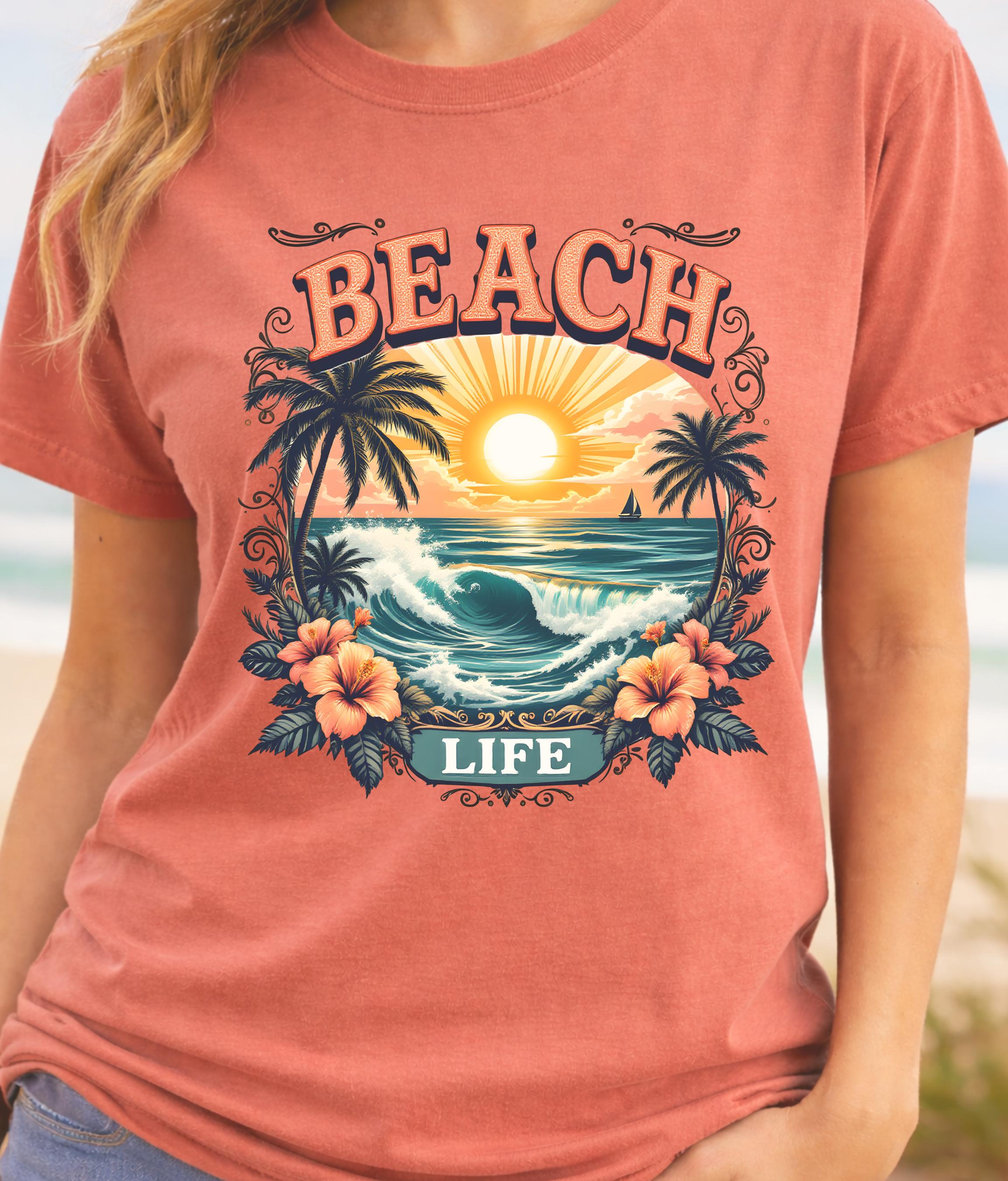 Beach Life T-Shirt | Vintage Sunset Ocean Graphic Tee | Coastal Summer Shirt | Unisex Beach Vibes Tee