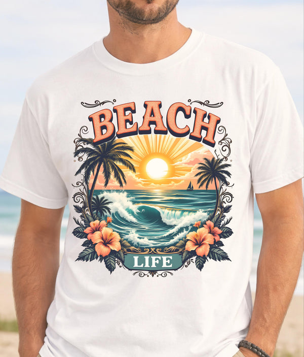 Beach Life T-Shirt | Vintage Sunset Ocean Graphic Tee | Coastal Summer Shirt | Unisex Beach Vibes Tee