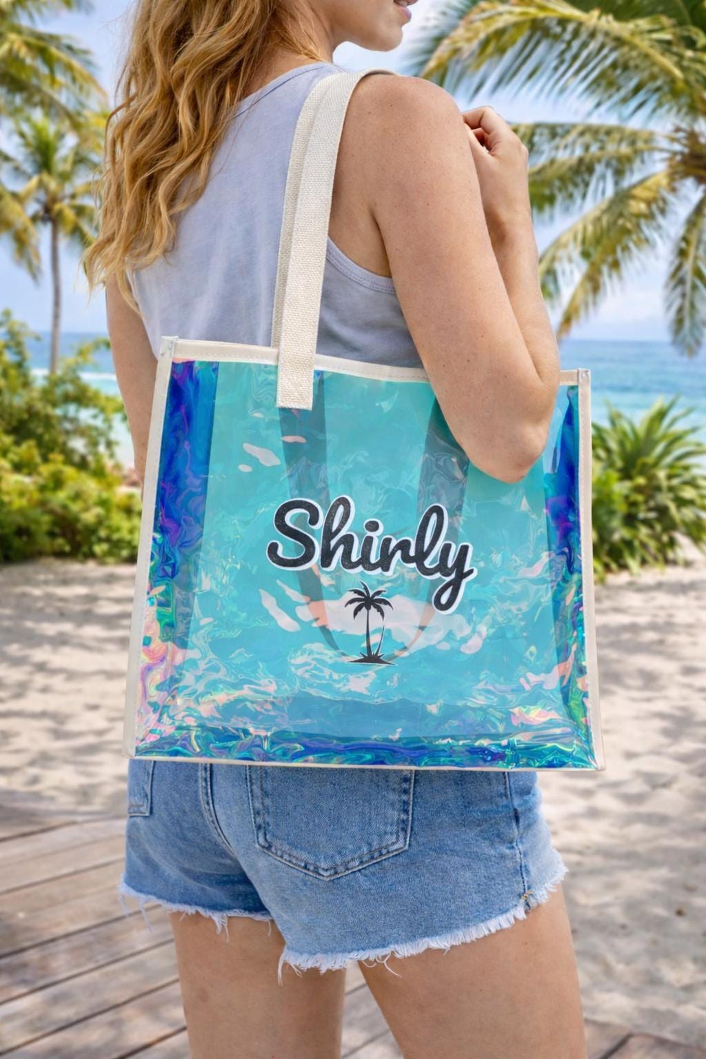 Personalized Beach Holographic Tote Bag | Custom Name Palm Tree Bag | Clear Summer Beach Bag | Vacation Pool Tote