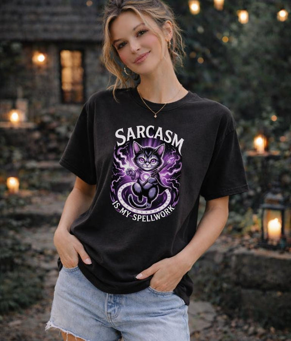 Sarcasm Is My Spellwork Shirt, Witchy Cat T-Shirt, Funny Gothic Graphic Tee, Sassy Black Cat Witch Top, Halloween Witch Aesthetic Gift