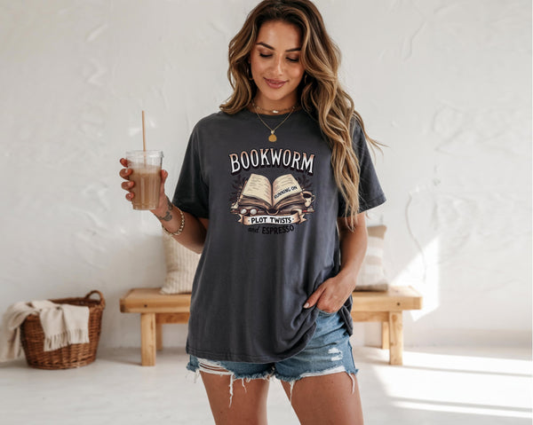 Bookworm t shirt, books and coffee graphic tee, reading aesthetic top