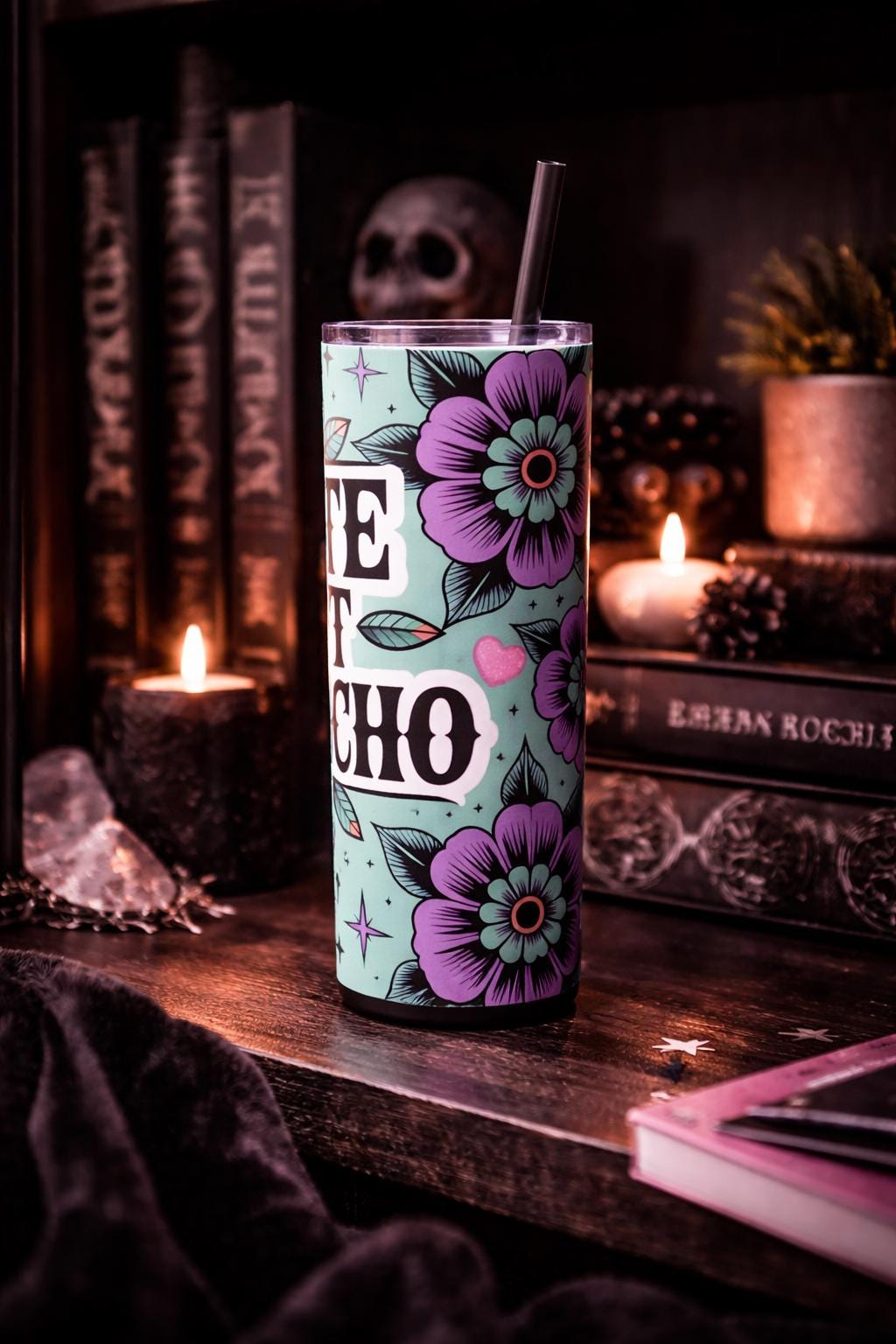 Cute But Psycho 20oz Tumbler | Gothic Aesthetic Travel Cup | Dark Romance Alt Girl Gift | Pink & Mint Skull Floral Straw Cup