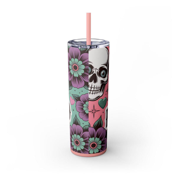 Cute But Psycho 20oz Tumbler | Gothic Aesthetic Travel Cup | Dark Romance Alt Girl Gift | Pink & Mint Skull Floral Straw Cup