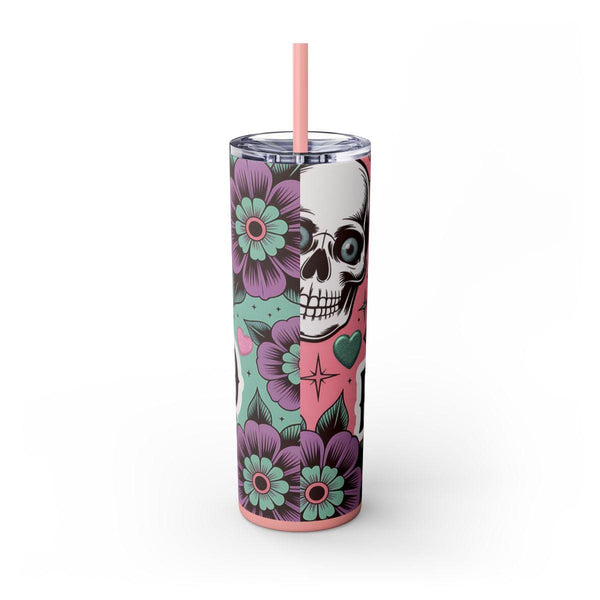 Cute But Psycho 20oz Tumbler | Gothic Aesthetic Travel Cup | Dark Romance Alt Girl Gift | Pink & Mint Skull Floral Straw Cup