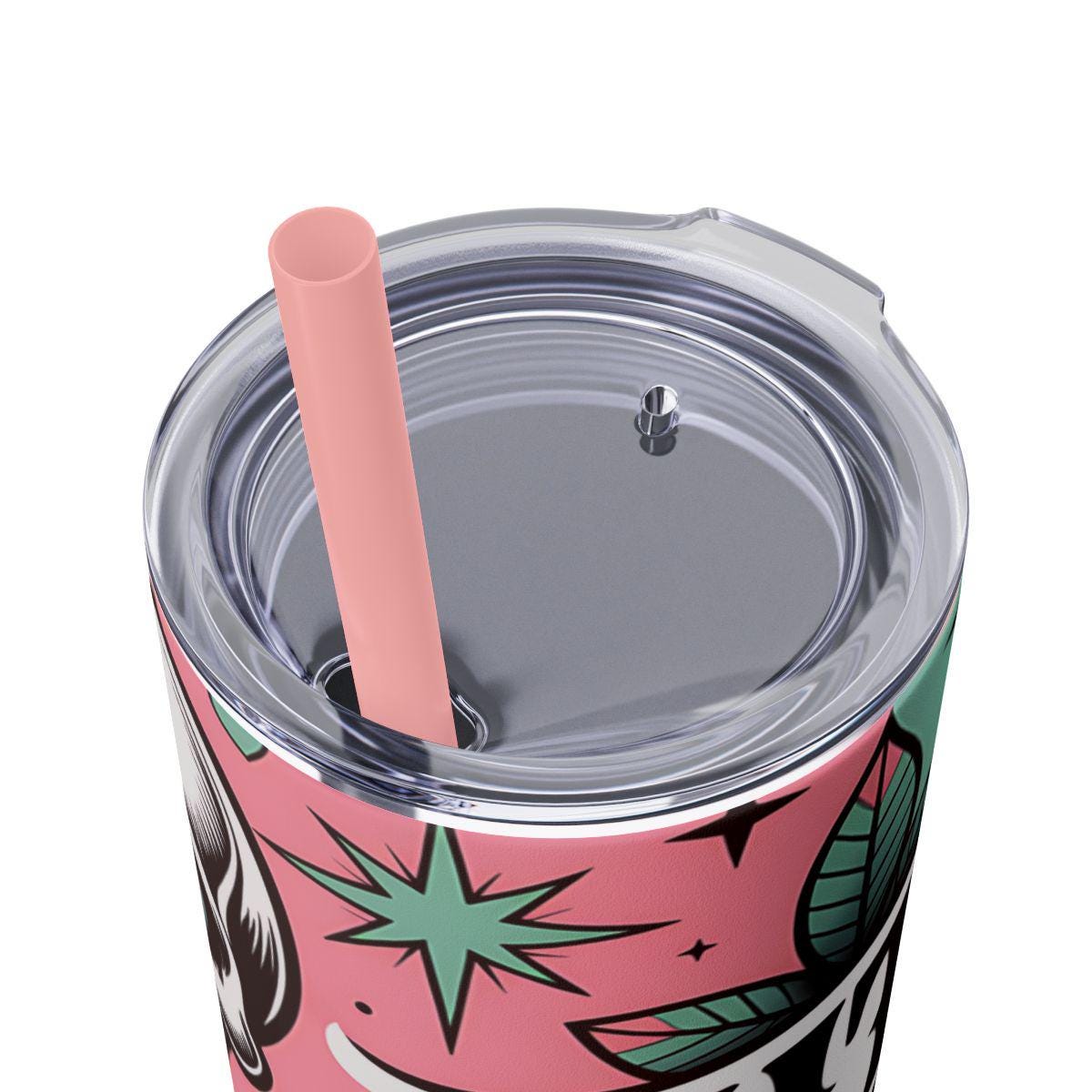 Cute But Psycho 20oz Tumbler | Gothic Aesthetic Travel Cup | Dark Romance Alt Girl Gift | Pink & Mint Skull Floral Straw Cup