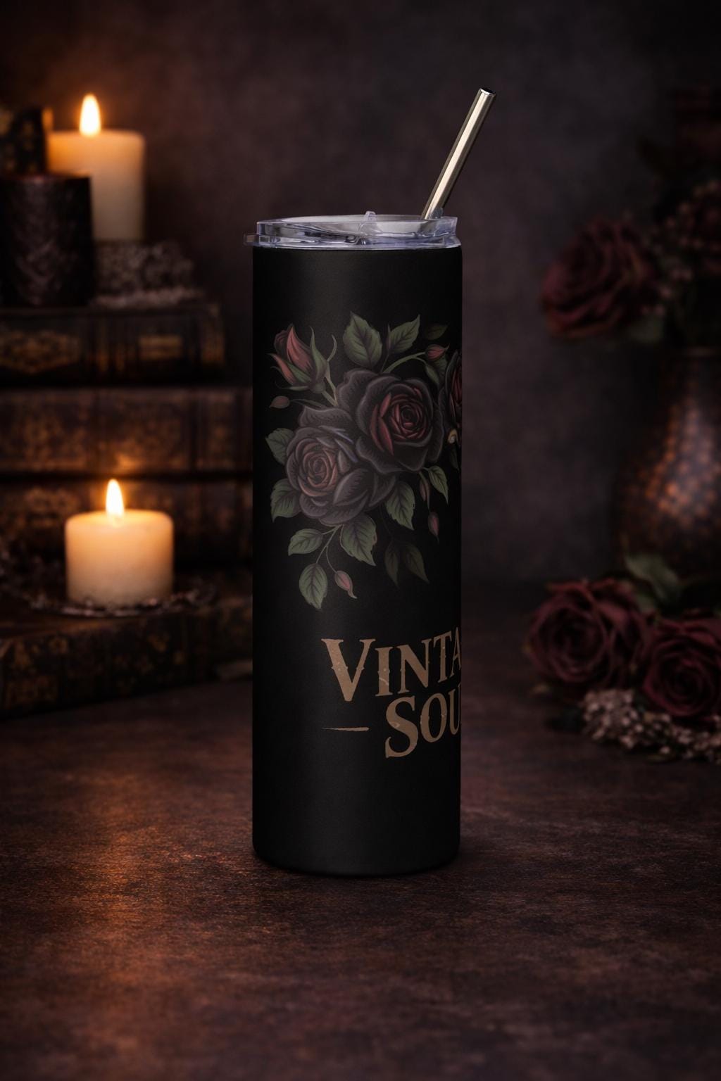 Vintage Soul Skull Tumbler – Dark Romance Floral Skeleton Cup, Gothic Roses Travel Mug, 20oz Skinny Tumbler with Straw, Moody Aesthetic Gift