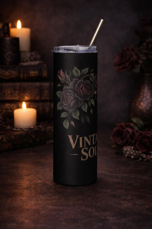 Vintage Soul Skull Tumbler – Dark Romance Floral Skeleton Cup, Gothic Roses Travel Mug, 20oz Skinny Tumbler with Straw, Moody Aesthetic Gift