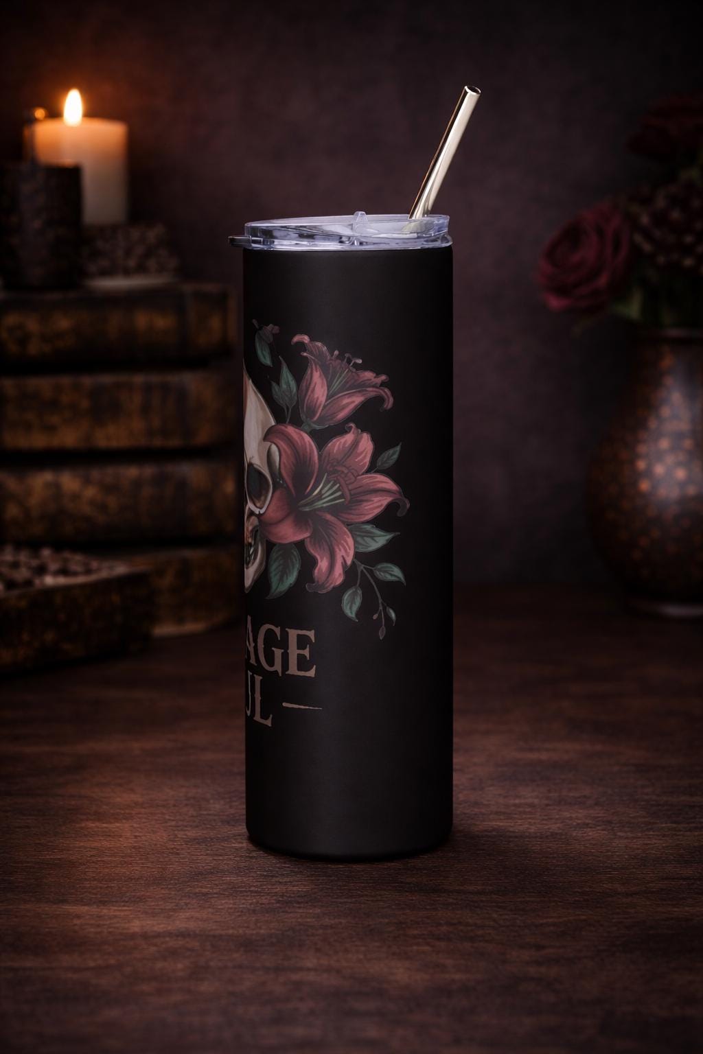 Vintage Soul Skull Tumbler – Dark Romance Floral Skeleton Cup, Gothic Roses Travel Mug, 20oz Skinny Tumbler with Straw, Moody Aesthetic Gift