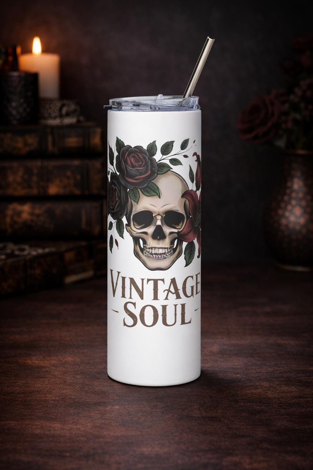 Vintage Soul Skull Tumbler – Dark Romance Floral Skeleton Cup, Gothic Roses Travel Mug, 20oz Skinny Tumbler with Straw, Moody Aesthetic Gift