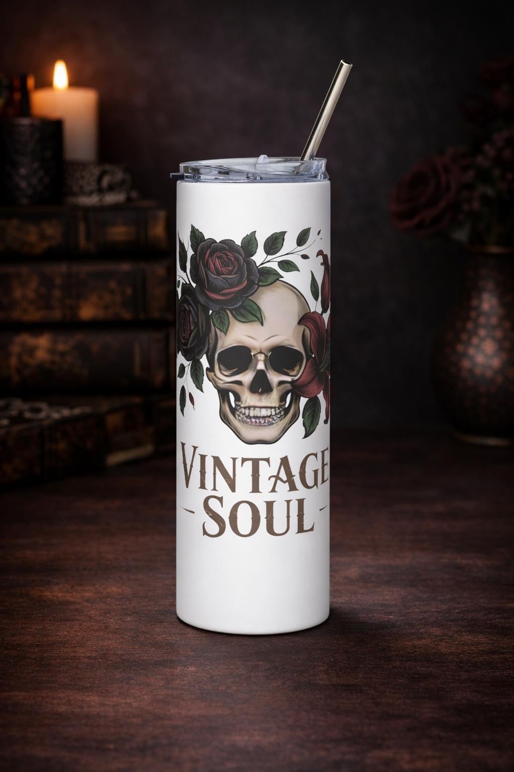 Vintage Soul Skull Tumbler – Dark Romance Floral Skeleton Cup, Gothic Roses Travel Mug, 20oz Skinny Tumbler with Straw, Moody Aesthetic Gift