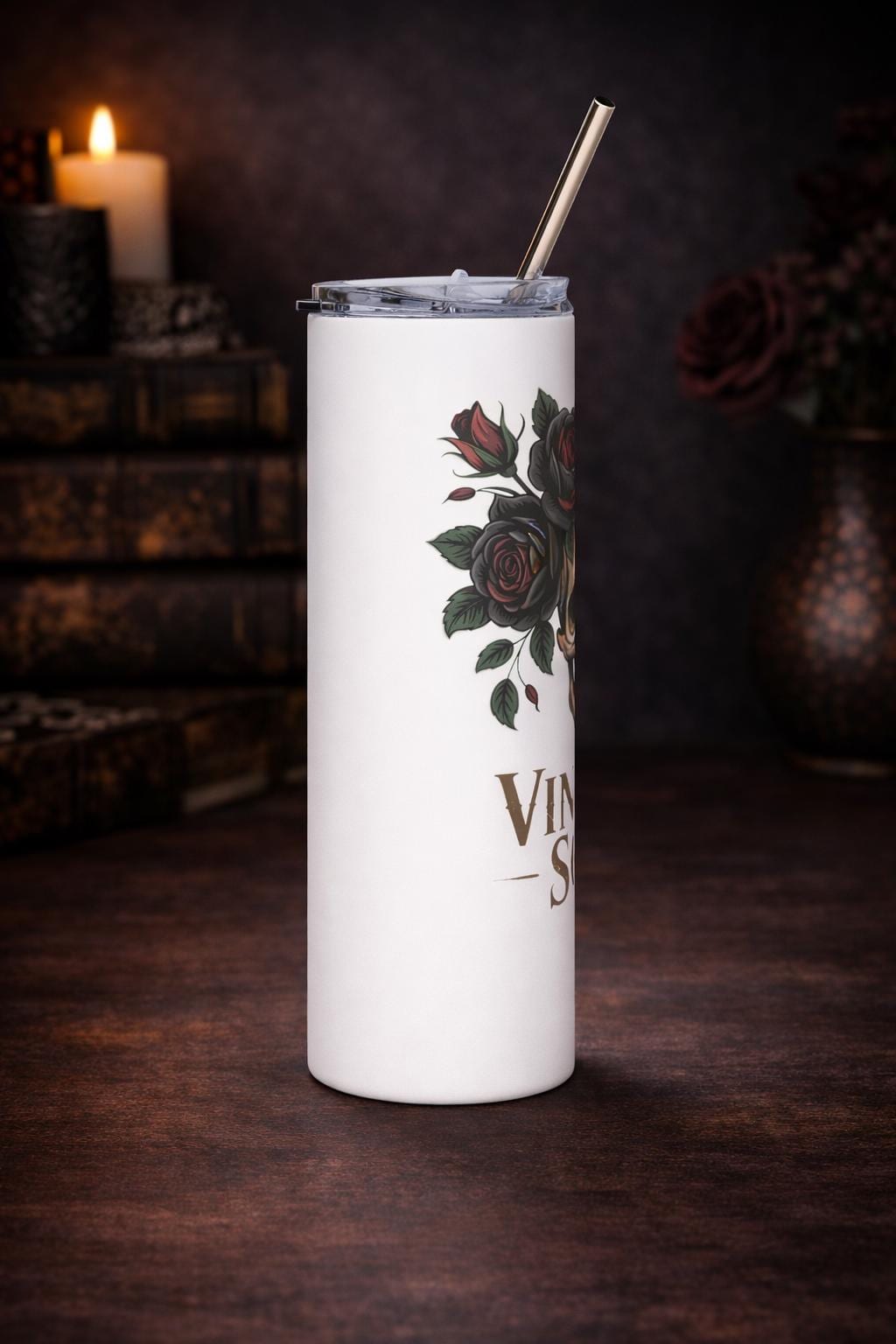 Vintage Soul Skull Tumbler – Dark Romance Floral Skeleton Cup, Gothic Roses Travel Mug, 20oz Skinny Tumbler with Straw, Moody Aesthetic Gift
