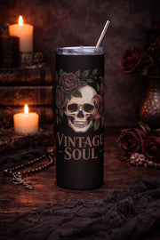 Vintage Soul Skull Tumbler – Dark Romance Floral Skeleton Cup, Gothic Roses Travel Mug, 20oz Skinny Tumbler with Straw, Moody Aesthetic Gift