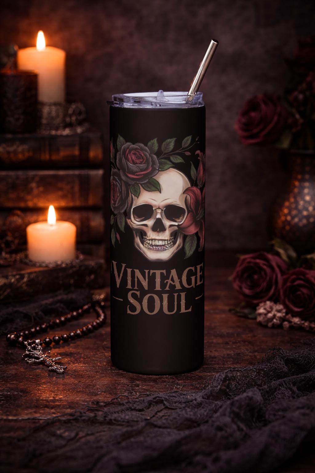 Vintage Soul Skull Tumbler – Dark Romance Floral Skeleton Cup, Gothic Roses Travel Mug, 20oz Skinny Tumbler with Straw, Moody Aesthetic Gift