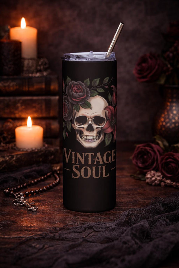 Vintage Soul Skull Tumbler – Dark Romance Floral Skeleton Cup, Gothic Roses Travel Mug, 20oz Skinny Tumbler with Straw, Moody Aesthetic Gift