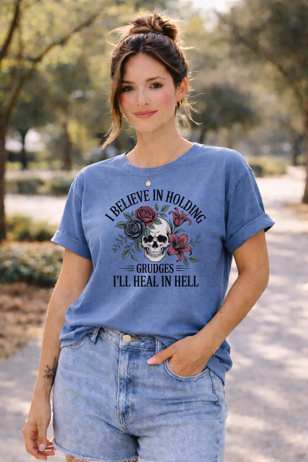 I Believe in Holding Grudges Shirt, Gothic Skull Floral Tee, Dark Humor T Shirt, Sarcastic Goth Aesthetic Top, Grunge Graphic Tee