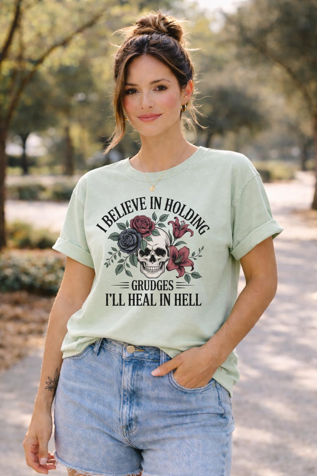 I Believe in Holding Grudges Shirt, Gothic Skull Floral Tee, Dark Humor T Shirt, Sarcastic Goth Aesthetic Top, Grunge Graphic Tee