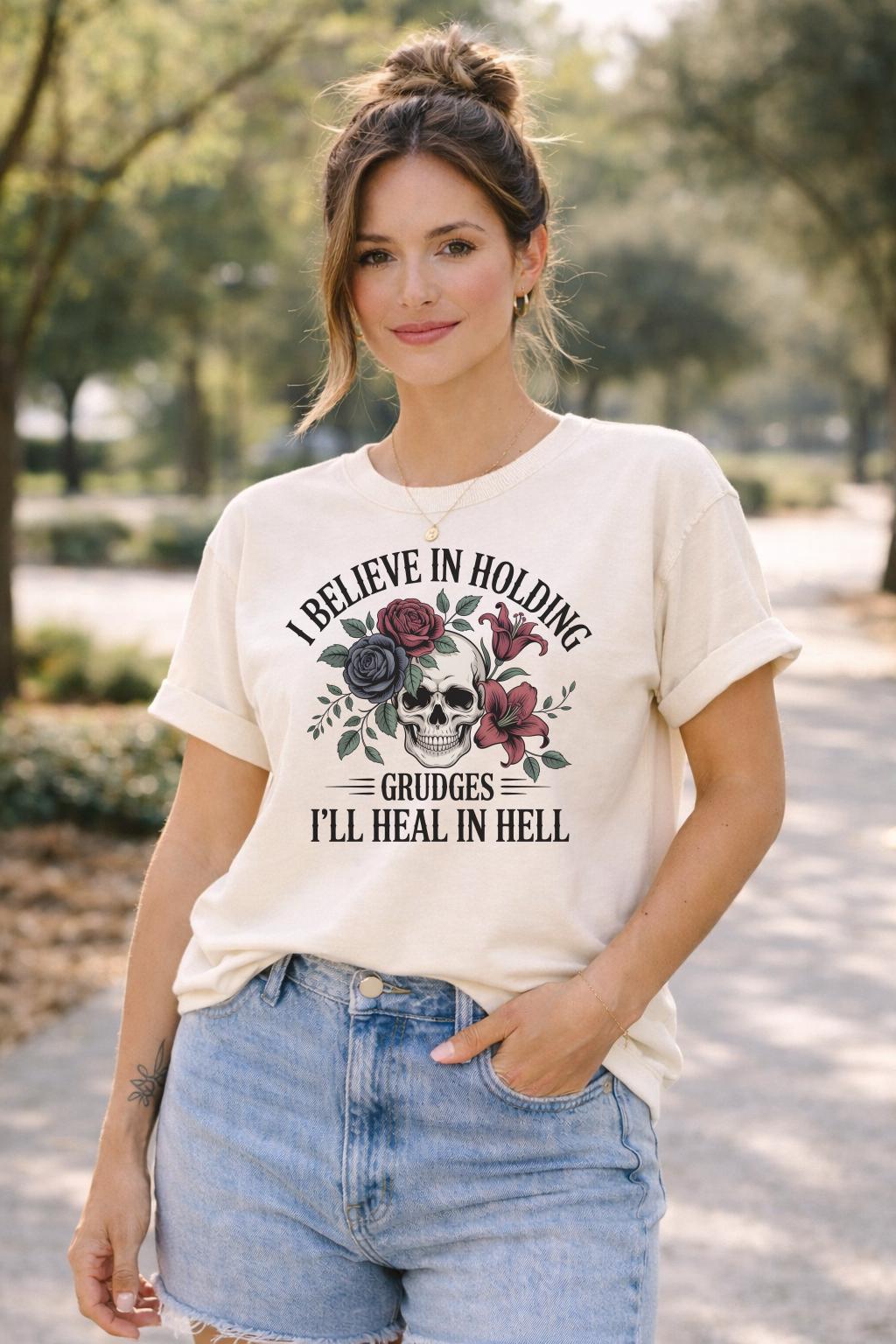 I Believe in Holding Grudges Shirt, Gothic Skull Floral Tee, Dark Humor T Shirt, Sarcastic Goth Aesthetic Top, Grunge Graphic Tee