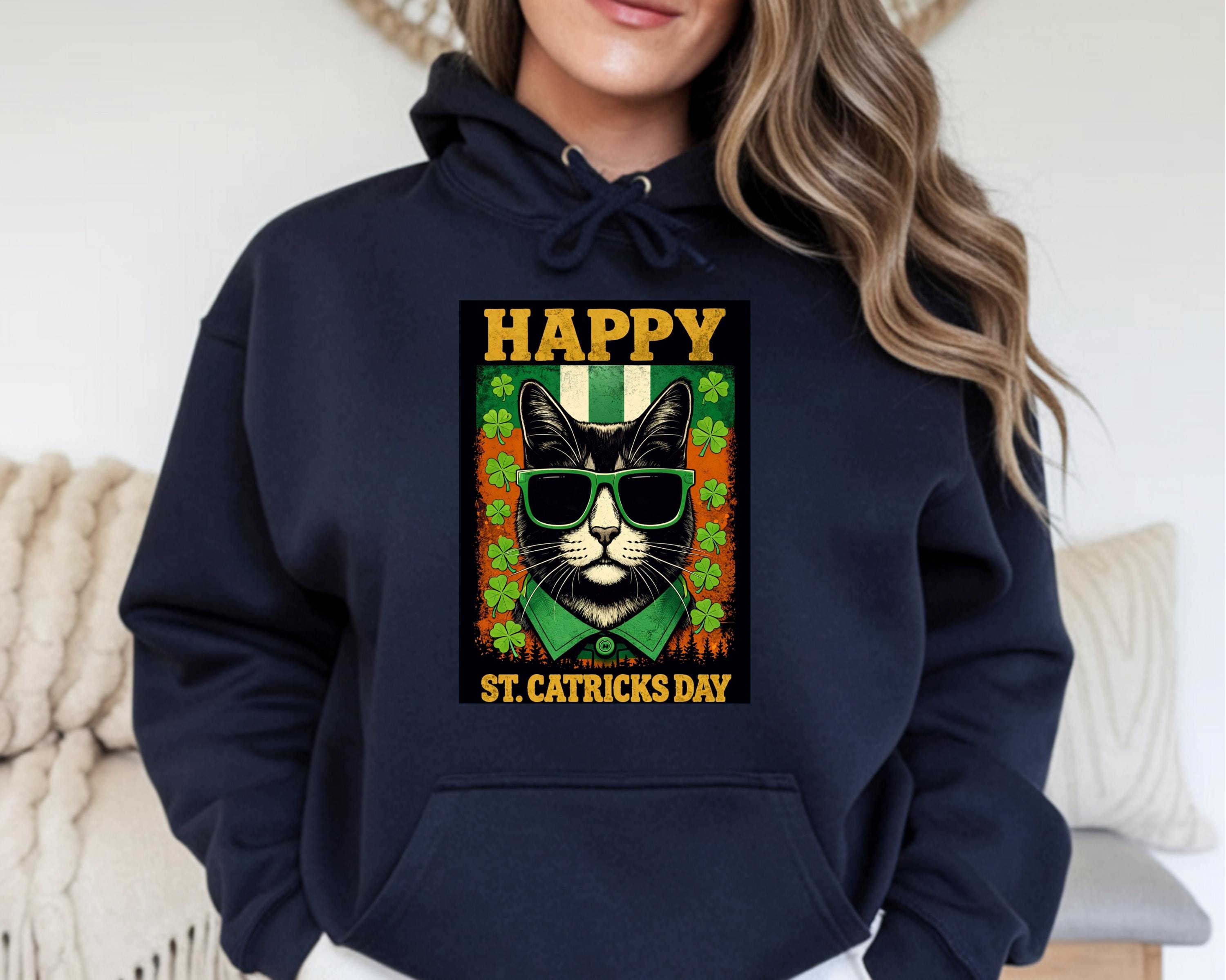 Lucky Shamrock Cat Sweatshirt, St Patrick’s Day pullover, cute 4 leaf clover graphic